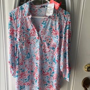 Women’s Printed V-Neck Roll-Sleeve Blouse in Pink & Teal